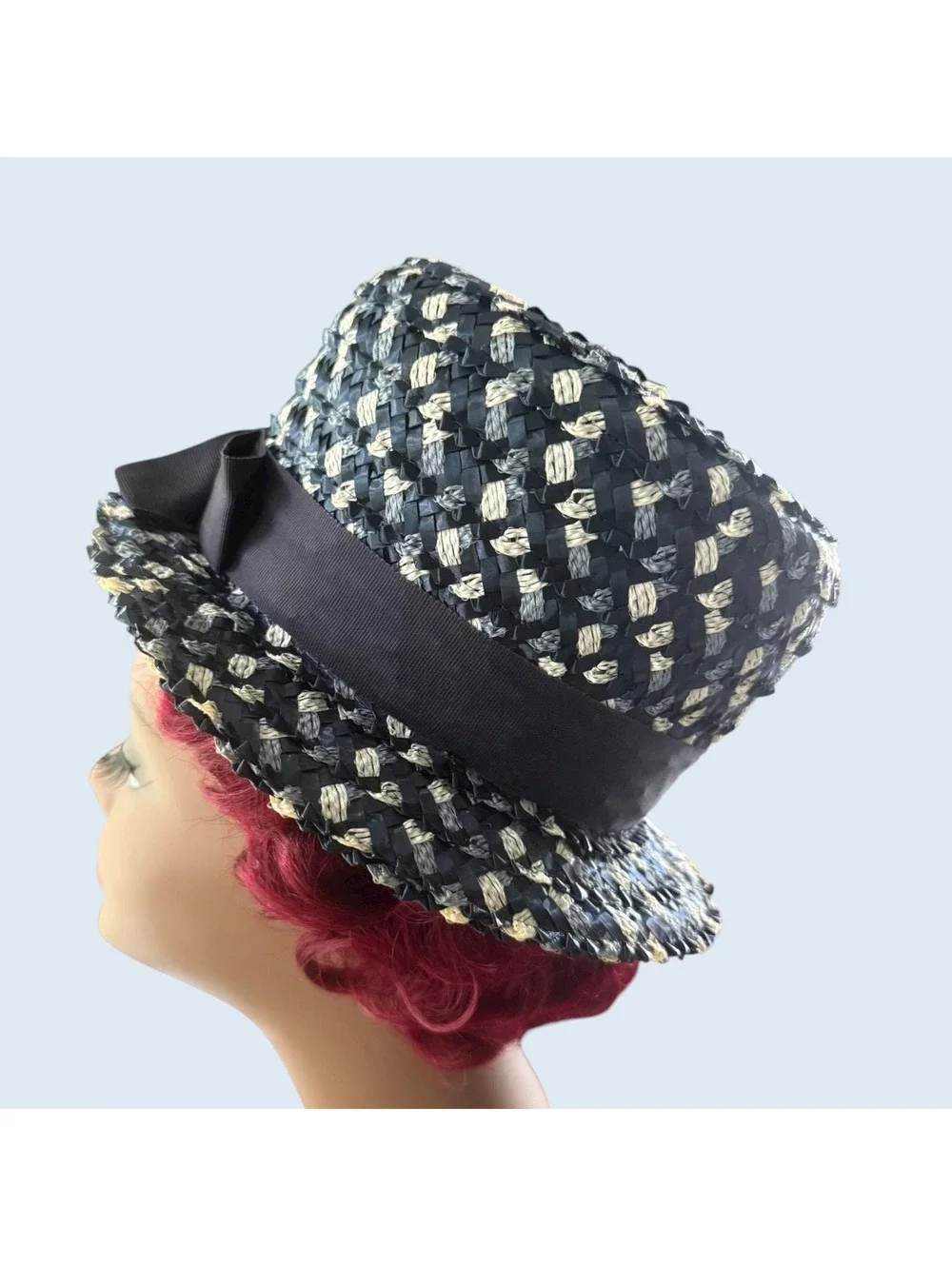 Vintage 1970s Woven Straw Hat, Mod Bucket, Ribbon and Bow, Blue White, Formal